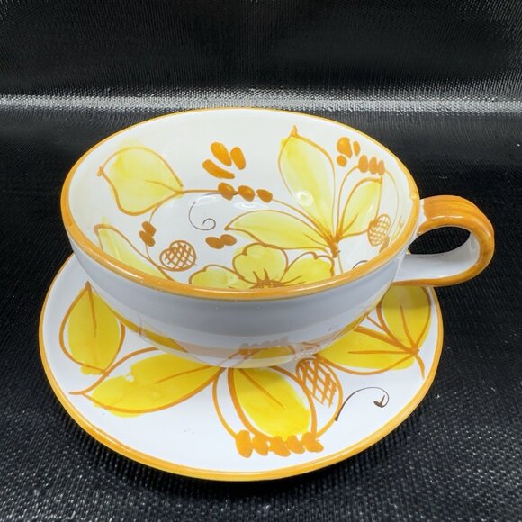Italian Pottery Oversized Teacup And Saucer Set Hand Painted Yellow Flowers VTG - Picture 14 of 15